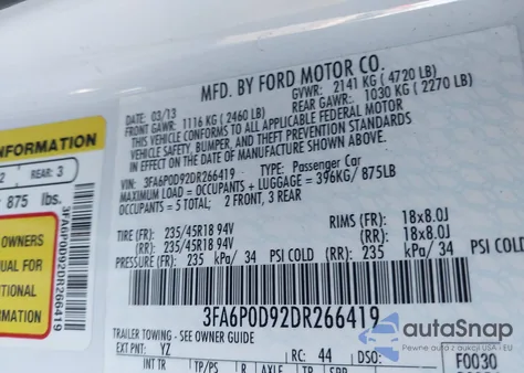 2013 Ford Fusion Titanium from USA, damaged, VIN 3FA6P0D92DR266419